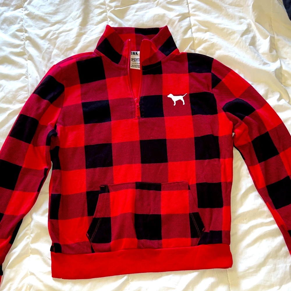 Women’s Small Red Checkered Pullover, PINK